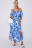 8Pcs Blue Leaf Floral Print Bardot Maxi Dress