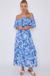 8Pcs Blue Leaf Floral Print Bardot Maxi Dress