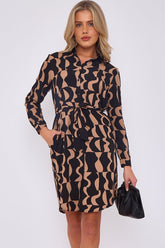 8Pcs Brown Geo Print Mini Shirt Dress