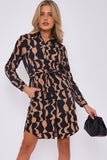 8Pcs Brown Geo Print Mini Shirt Dress