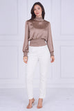 9pcs Mocha Creased Satin Shirred Waist Top