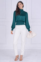 9pcs Emerald Creased Satin Shirred Waist Top