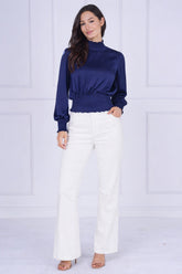 9pcs Navy Creased Satin Shirred Waist Top