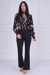 9pcs Black Brushstroke Smocked High Neck Blouse