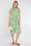 8Pcs Fresh Green Floral Print Midi Shirt Dress