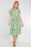 8Pcs Fresh Green Floral Print Midi Shirt Dress