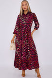 8Pcs Deep Fuchsia Leopard Print Satin Maxi Shirt Dress