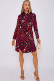 8Pcs Deep Fuchsia Leopard Print Bubble Satin Mini Shirt Dress