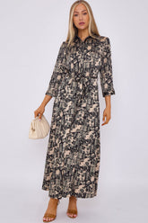 8Pcs Black Botanical Patchwork Print Satin Maxi Shirt Dress
