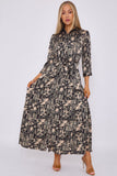 8Pcs Black Botanical Patchwork Print Satin Maxi Shirt Dress