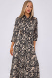 8Pcs Black Botanical Patchwork Print Satin Maxi Shirt Dress