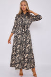 8Pcs Black Botanical Patchwork Print Satin Maxi Shirt Dress