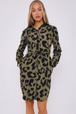 8Pcs Khaki Leopard Print Mini Shirt Dress