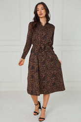 8pcs Brown Leopard Print Tie-Waist Button Midi Shirt Dress