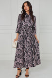 8Pcs Black Ornate Print Belted Midaxi Shirt Dress