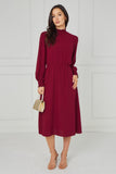 6Pcs Ruby Red Shirred High Neck Midaxi Dress