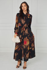 8Pcs Black Vintage Bloom Printed Maxi Shirt Dress