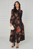 8Pcs Black Vintage Bloom Printed Maxi Shirt Dress