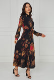 8Pcs Black Vintage Bloom Printed Maxi Shirt Dress