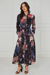 8Pcs Navy Vintage Bloom Printed Maxi Shirt Dress