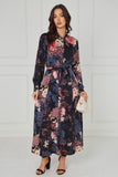 8Pcs Navy Vintage Bloom Printed Maxi Shirt Dress