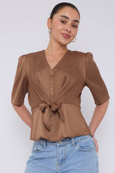 8Pcs Mocha Short Sleeve Knotted Crepe Satin Top