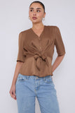 8Pcs Mocha Short Sleeve Knotted Crepe Satin Top