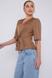 8Pcs Mocha Short Sleeve Knotted Crepe Satin Top
