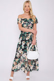 8Pcs Black Rose Floral Print Chiffon Bardot Maxi Dress