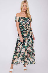 8Pcs Black Rose Floral Print Chiffon Bardot Maxi Dress