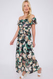 8Pcs Black Rose Floral Print Chiffon Bardot Maxi Dress