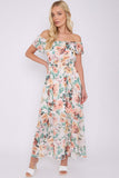 8Pcs Cream Rose Floral Print Chiffon Bardot Maxi Dress