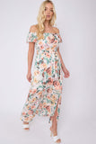 8Pcs Cream Rose Floral Print Chiffon Bardot Maxi Dress