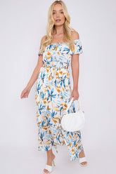 8Pcs Blue Mustard Floral Print Bardot Maxi Dress