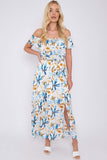 8Pcs Blue Mustard Floral Print Bardot Maxi Dress
