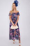 8Pcs Navy Palm Leaf Print Chiffon Bardot Maxi Dress