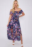 8Pcs Navy Palm Leaf Print Chiffon Bardot Maxi Dress