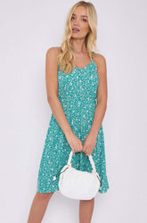 8Pcs Green Floral Print Strap Mini Dress