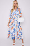 8Pcs Blue Orange Tie Dye Print Knotted Long Sleeve Maxi Dress