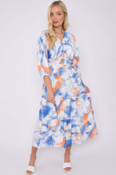 8Pcs Blue Orange Tie Dye Print Knotted Long Sleeve Maxi Dress