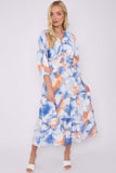 8Pcs Blue Orange Tie Dye Print Knotted Long Sleeve Maxi Dress