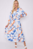 8Pcs Blue Orange Tie Dye Print Knotted Long Sleeve Maxi Dress