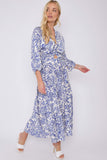 8Pcs Blue Floral Print Knotted Long Sleeve Maxi Dress