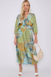 8Pcs Green Multi FPrint Knotted Long Sleeve Maxi Dress