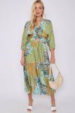 8Pcs Green Multi FPrint Knotted Long Sleeve Maxi Dress