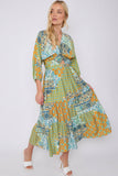 8Pcs Green Multi FPrint Knotted Long Sleeve Maxi Dress