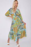 8Pcs Green Multi FPrint Knotted Long Sleeve Maxi Dress