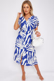8Pcs Blue Leaf Print Short Sleeve V Neck Midi Dress