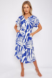 8Pcs Blue Leaf Print Short Sleeve V Neck Midi Dress