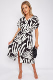 8Pcs Black Leaf Print Short Sleeve V Neck Midi Dress